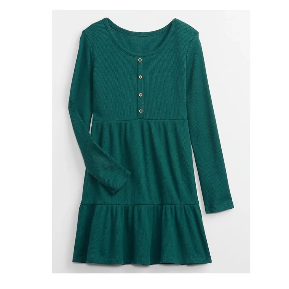 Gap Kids Girls Long Sleeve Waffle-Knit Dress Green